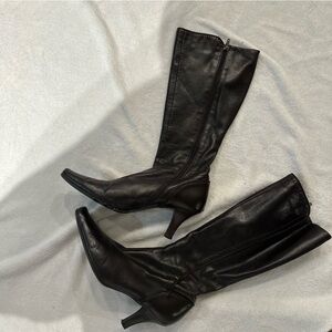 Black‎ Leather Square Toe Heeled Boots Size 10